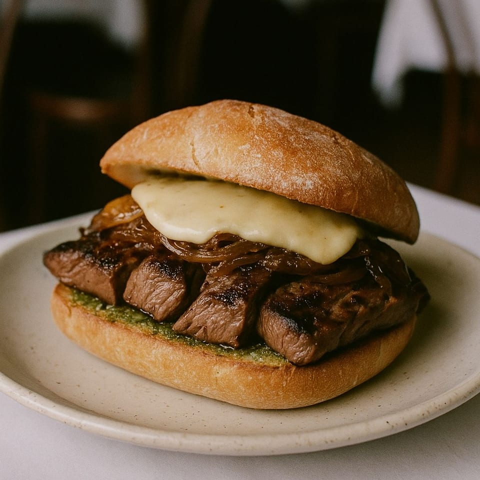 Mauro Cafe's steak sandwich with melted cheese, caramelized onions, and pesto on a bun.