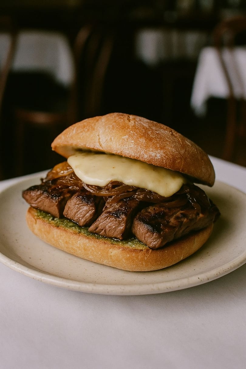 Mauro Cafe's steak sandwich with melted cheese, caramelized onions, and pesto on a bun.