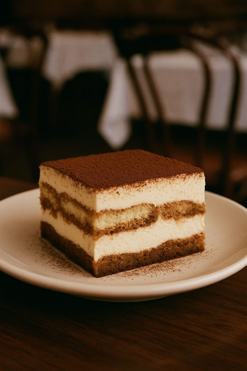 A square slice of Mauro Cafe's tiramisu with cocoa powder on top, on a white plate.