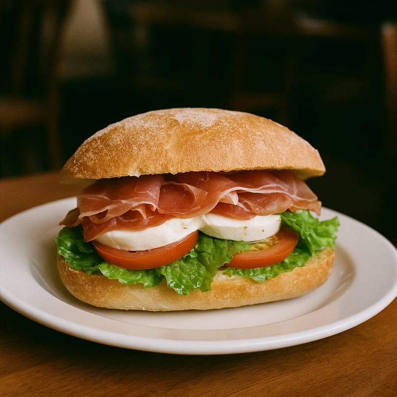 Italian sandwich with prosciutto, mozzarella, tomato, and lettuce on a white plate.
