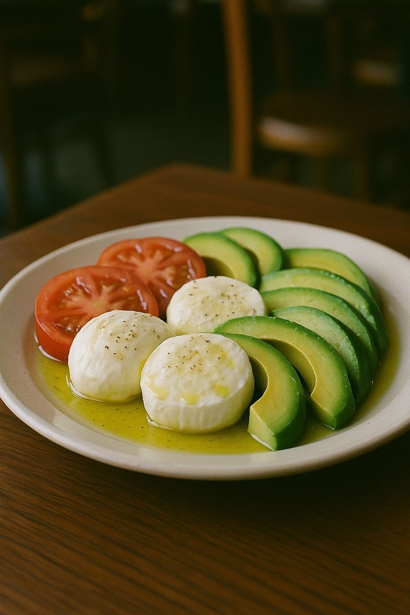 A plate of Mauro Cafe's Caprese salad with sliced tomatoes, mozzarella, and avocado, drizzled with olive oil.